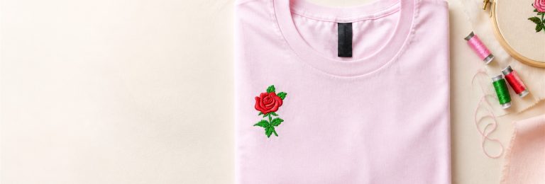 Pink shirt with a rose embroidery design and colorful thread