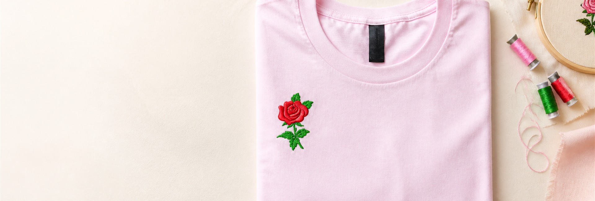 Pink shirt with a rose embroidery design in a bright craft studio